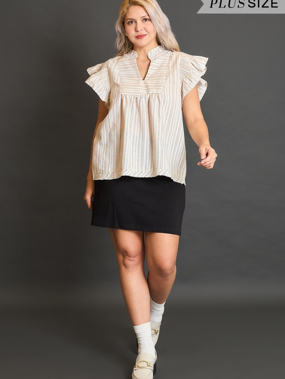 Umgee Cream and Beige Striped Flutter Sleeve Blouse (New In Bag)